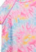 Close-up of colorful pink, blue, and yellow tie-dye design with detailed stitching on kids rash vest fabric.