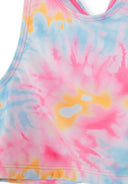 Close-up of colorful pink blue and yellow tie-dye design on girls rash vest with UV protection fabric