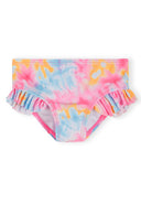 Girls tie-dye swim bottoms with pink, blue, and orange colors and ruffle design on the sides for kids fashion.