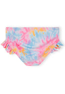 Girls tie-dye swim bottoms with pink, blue, and yellow hues featuring ruffle side accents and bright design.