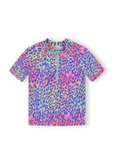 Short sleeve rash vest for kids with colorful purple leopard print and front zipper detail