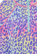 Close-up of purple leopard print rash vest with pastel pink and yellow accents and front zipper detail for girls.