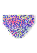 Colorful purple and pink leopard print kids swim bottoms with a vibrant, playful design for children ages 2 to 14 years.