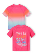 Girls rash tops with vibrant ombre and colorful Palm Beach surfing graphic design for kids and baby fashion