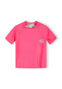 Pink girls rash top with short sleeves and subtle floral design on chest for kids 2-14 years.