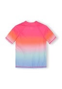 Girls rash top with vibrant pink to blue ombre design, featuring a comfortable short sleeve fit for active kids.