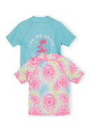 Two girls short sleeve rash tops in blue with beach print and multicolour tie-dye featuring a unique design for kids.