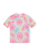 Girls short sleeve rash top with colorful tie-dye design, quick-dry fabric ideal for kids’ summer fashion.