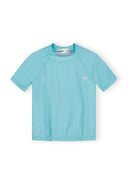Light blue short sleeve rash top for kids with subtle palm tree design and quick-dry fabric for active wear.