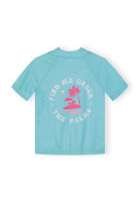 Light blue girls short sleeve rash top with pink tropical design and quick-dry fabric for kids aged 3-14 years