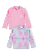 Two long sleeve rash vests for girls, one solid pink and one pink blue gradient with soft pastel design