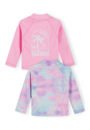 Kids long sleeve rash vests with unique pink and blue gradient design and palm tree graphic on back for stylish sun protection.
