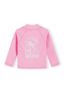 Pink long sleeve rash vest for kids with California Palm Beach design on the back, stylish and protective swimwear