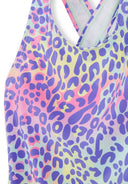 Close-up of a multicolour leopard print swimsuit fabric with a crossover back design for kids.