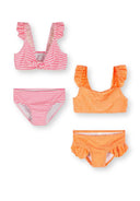 Girls pink striped and orange frill trim bikinis with adjustable straps in a quick-dry design for kids fashion.