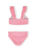 Girls pink striped bikini set with frill trim and adjustable straps, designed for kids 3-11 years, stylish and quick-dry fabric.