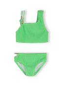 Green textured girls bikini set with adjustable straps and unique one-shoulder design for kids fashion.