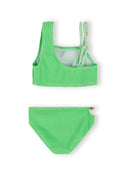 Girls bright green textured bikini set with adjustable straps and elasticated design for kids fashion