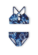 Girls bikini set with blue tie-dye design, featuring quick-dry fabric and adjustable elastic straps for comfort.