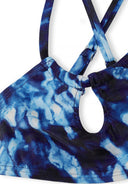 Close-up of girls bikini top with adjustable straps and blue tie-dye quick-dry fabric design