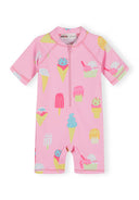 Pink short sleeve rashguard swimsuit with colorful ice cream cone and popsicle design for kids.