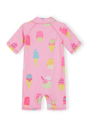 Pink kids rashguard swimsuit with colorful ice cream print and short sleeves, designed for comfort and playful style.