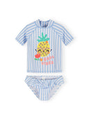 Blue and white striped girls rash vest set with playful pineapple design and cheerful summer theme for kids fashion.