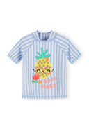 Blue and white striped kids rash vest with a cute pineapple graphic and "cool vibes" text design on front.