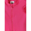 Pink textured rash suit with a zipper and Minoti label, short ruffled sleeve detail.