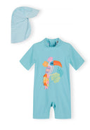 Turquoise toddler swimsuit with zip short sleeves and vibrant toucan design, paired with a striped sun hat for kids.