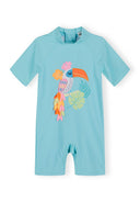 Turquoise kids swimsuit with colorful toucan design and layered fabric feathers on the front for a unique look.