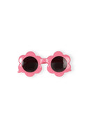 Pink flower-shaped sunglasses for kids with dark round lenses, stylish design for sun protection and kids fashion.