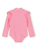 Light pink long sleeve girls swimsuit with ruffle design for sun protection in kids and baby fashion.