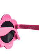 Close-up of pink flower-shaped kids sunglasses with curved arms for comfortable fit and sun protection design