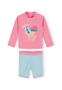Pink long sleeve rash vest with ice cream design and blue striped swim shorts kids UV protection set
