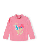Pink long sleeve rash vest for girls with ice cream design and front zipper for UV protection.
