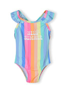 Colorful girls’ swimsuit with blue and pink stripes, frill detail, and “Hello Summer” design for kids’ fashion.