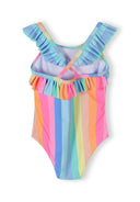 Colorful striped girls swimsuit with frill details and sleeveless design featuring crisscross straps on the back.