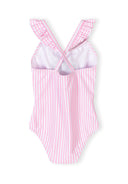 Girls pink striped swimsuit with cherry print and ruffle detail, sleeveless with crossed straps back design
