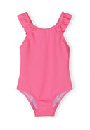 Neon pink one-piece girls swimsuit with frill detail on short sleeves, featuring a textured fabric design.