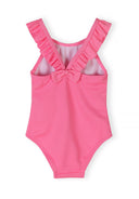 Neon pink girls one-piece swimsuit with frill straps and bow detail, designed for kids’ summer fashion.