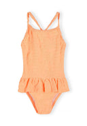 Neon orange girls swimsuit with jacquard floral design and ruffle shoulders, suitable for kids aged 12 months to 7 years.