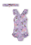 Lilac swimsuit with unicorn and rainbow design, ruffled straps, and matching headband for kids fashion.