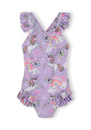 Lilac girls swimsuit with unicorn and butterfly print, elastic ruffled straps, and rainbow accents, designed for kids.