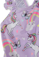 Lilac kids swimsuit with colorful unicorn and butterfly design, featuring elastic straps and a matching headband.
