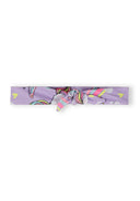 Lilac elastic headband with colorful unicorn print and a front knot, designed for girls’ kids fashion.