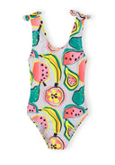 Colorful fruit print sleeveless girls swimsuit with knotted shoulder straps, playful and vibrant design for kids.
