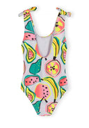 Sleeveless girls swimsuit with colorful fruit print design and tied shoulder straps for kids fashion.