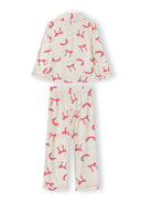 Girls white long sleeve pyjama set with red bow print, lapel collar, and elasticated waist featuring a charming design.