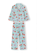 Blue long sleeve girls pajamas with cherry print, button closure top, and elasticated waist pants designed for comfort.